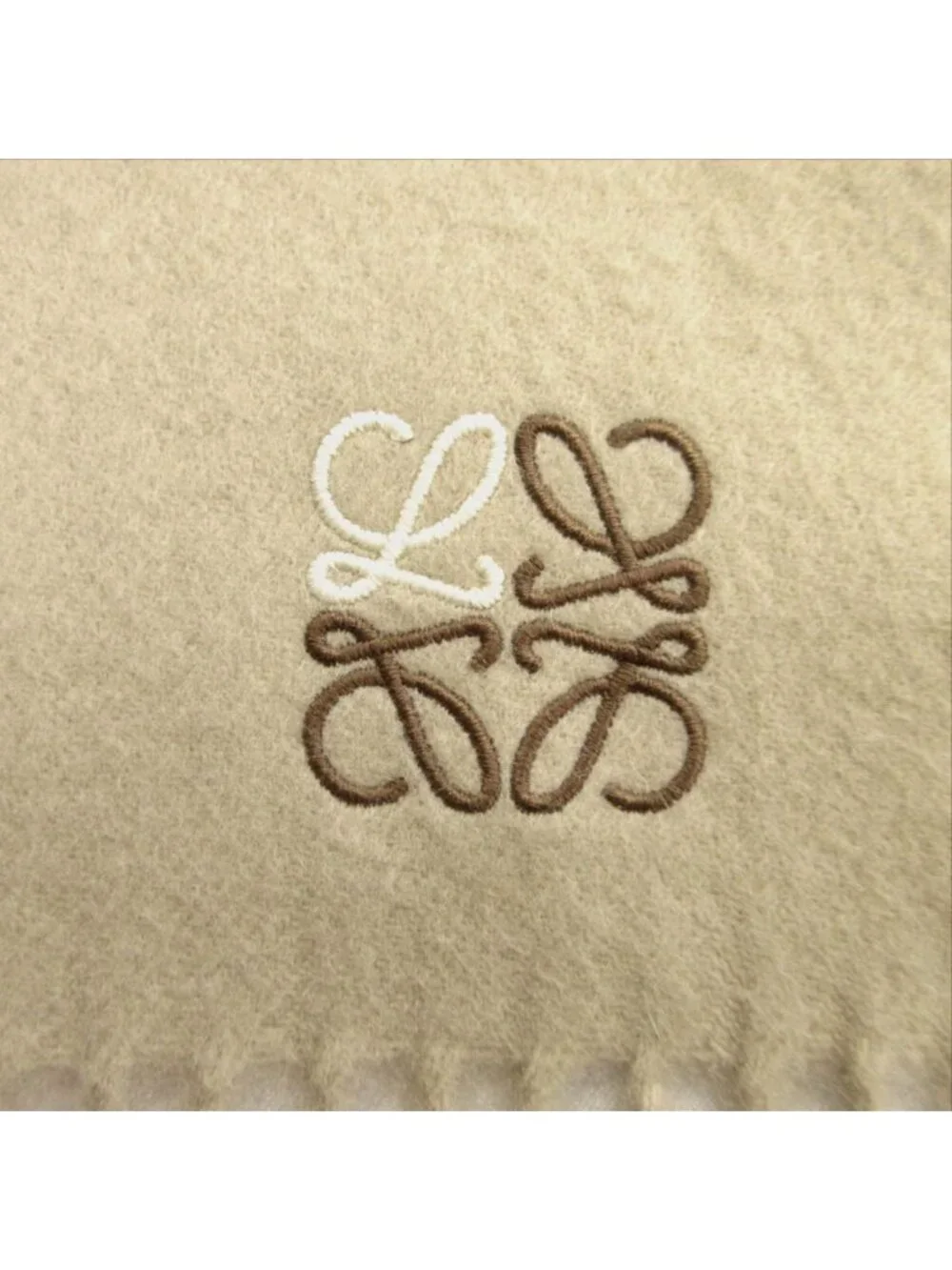 Loewe Cashmere Scarf Anagram Embroidery Logo Shawl Fringe Beige